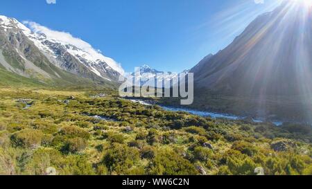 Snowy Mountains im Hintergrund, grüne Büsche im Vordergrund Hooker Valley Track, Neuseeland Stockfoto