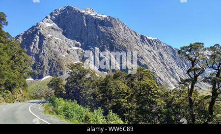 Schneebedeckten Berge am Horizont mit einem Wald und einem Straße vor es in Neuseeland Stockfoto