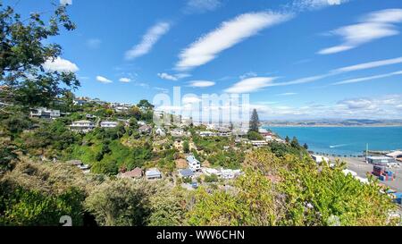 Blick auf die Häuser auf einem Hügel zwischen Büschen und Bäumen, mit Blick auf das Meer im Hintergrund von der Aussperrung Bluff Hill in Napier, Neuseeland Stockfoto