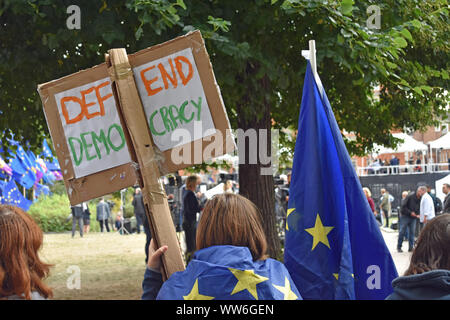 Brexit protest London September 2019 Frau mit handgefertigten verteidigen die Demokratie Zeichen Stockfoto