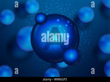 Vitamin A blau leuchtenden Pille Kapsel Symbol. Vitamin Komplex mit der chemischen Formel. Medizinische und Pharmazeutische ads. Vector Illustration Stock Vektor