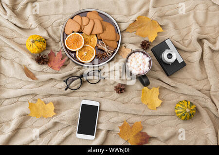 Smartphone, heiße Schokolade und Kamera im Herbst Stockfoto