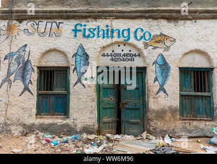 Fischer shop Wandbild, Sahil region, Berbera, Somaliland Stockfoto