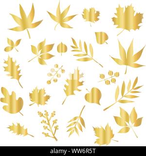 Vektor Icon Set gold Folie blättern. Laub Natur Leaf isolierte Elemente. Metallisch glänzenden goldenen Floral Design für ein elegantes Dekor, Einladung, Hochzeit Stock Vektor