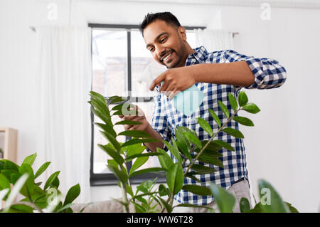 Mann spritzen Zimmerpflanze mit Wasser zu Hause Stockfoto