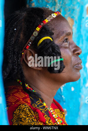 Porträt einer Kunama Stamm Frau mit traditionellen Frisur, Gash-Barka, Barentu, Eritrea Stockfoto