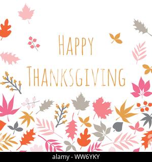 Happy Thanksgiving nach skandinavischer Art Karte mit Herbst abstrakte doodle Blätter Hintergrund. Thanksgiving template Design im skandinavischen Stil mit Blatt Muster Stock Vektor
