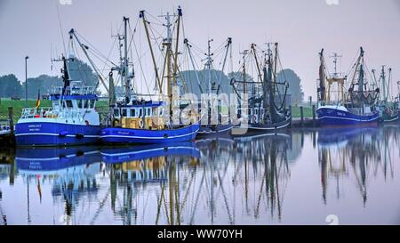 Krabben Kutter im Hafen von Greetsiel, Ostfriesland, Niedersachsen, Deutschland Stockfoto