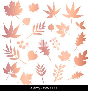 Kupferfolie Blätter vektor Icon Set. Laub Natur Leaf isolierte Elemente. Metallische Rose Gold floral Design für ein elegantes Dekor, Einladung, Hochzeit Stock Vektor