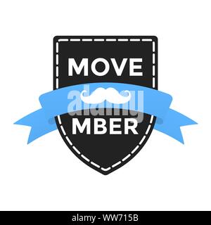 Movember Abzeichen Aufkleber mit Blue Ribbon, schnurrbärte und Abzeichen pin Flat Style Design Vector Illustration auf weißem Hintergrund. Gegen die Prostata kann Stock Vektor
