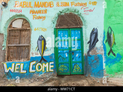 Fischer shop Wandbild, Sahil region, Berbera, Somaliland Stockfoto