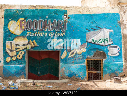 Fischer shop Wandbild, Sahil region, Berbera, Somaliland Stockfoto