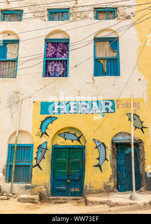 Fischer shop Wandbild, Sahil region, Berbera, Somaliland Stockfoto