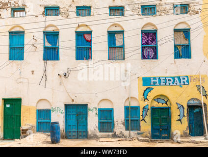 Fischer shop Wandbild, Sahil region, Berbera, Somaliland Stockfoto