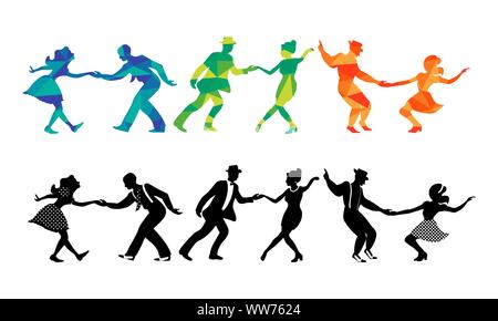 Drei Paare tanzen Swing, Jazz, Lindy Hop und Boogie Woogie. Silhouetten auf weißem Hintergrund. Vector Illustration. Polygon Textur. Stock Vektor