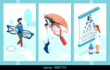 Augenarzt Arzt für Sehvermögen Konzept. Vektor Collage eines professionellen Augenarzt die Pflege eines Patienten mit Sehstörungen Stock Vektor