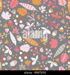 Skandinavische Blüten und Blätter nahtlose Vektor Hintergrund. Rosa Orange Weiß Grau florale Elemente auf dunklem Hintergrund. Stock Vektor