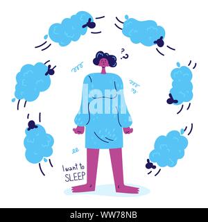 Frau mit Schlaflosigkeit steht und zählt die Schafe. Stock Vektor