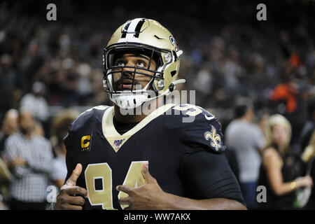 New Orleans, Louisiana, USA. 9 Sep, 2019. New Orleans Saints defensive Ende Cameron Jordanien Aufwärmen vor dem Spiel gegen die Houston Texans in New Orleans, Louisiana, USA Am 9. September 2019. Die Heiligen schlagen die Texans 30-28. Credit: Dan Anderson/ZUMA Draht/Alamy leben Nachrichten Stockfoto