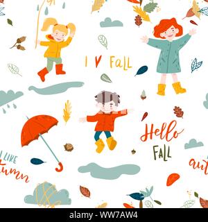Vektor nahtlose Muster. Hallo, ich liebe fallen Schriftzug. Herbst flachbild Abbildung Stock Vektor