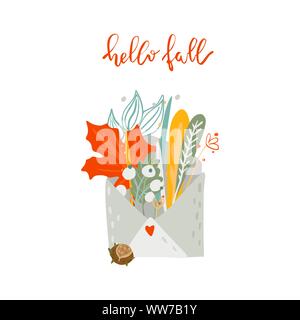 Hallo Herbst Herbst Schriftzug. Zusammensetzung umhüllen mit Blättern und Beeren. Vector Illustration im Cartoon Stil Stock Vektor