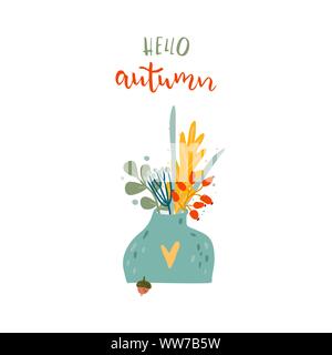 Vase mit Herbst Bouquet. Hallo herbst Schriftzug. Vector Illustration im Cartoon Stil Stock Vektor