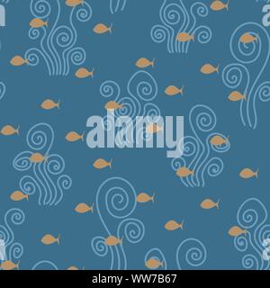 Die nahtlose Vektor Muster mit kleinen gelben Fisch auf einem blauen Hintergrund Stock Vektor