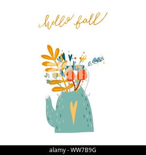 Teekanne mit Herbst Bouquet. Hallo fallen Schriftzug. Vector Illustration im Cartoon Stil Stock Vektor