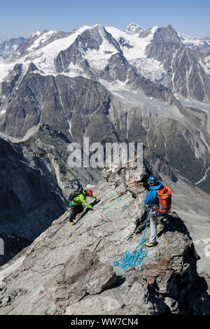 Kletterer klettern die Gipfel der Dent de Tsalion, Pigne d'Arolla und Mont Blanc de Cheilon über Arolla, Val d'HÃ©rens, Wallis, Schweiz Stockfoto