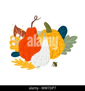 Herbst Zusammensetzung Kürbisse, Blätter und Beeren. Vector Illustration im Cartoon Stil Stock Vektor