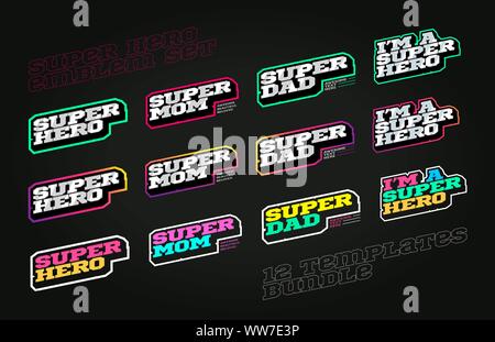 Retro Style super hero Sport Logo. Moderne Professionelle Typografie Super Mom, Dad emblem Schriftzug. Design Emblem für Kleidung, Karte, Abzeichen Banner, s Stock Vektor