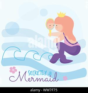 Süße kleine Meerjungfrau Mädchen schauen in den Spiegel Vector Illustration. Baby Fashion Design. Stock Vektor