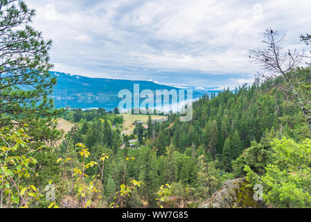 Blick über Shorts Creek Schlucht von Ponderosa Pine Wald, Berge und den Okanagan Lake Stockfoto