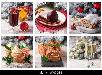 Essen Collage. Weihnachten Getränke und Süßigkeiten Stockfoto