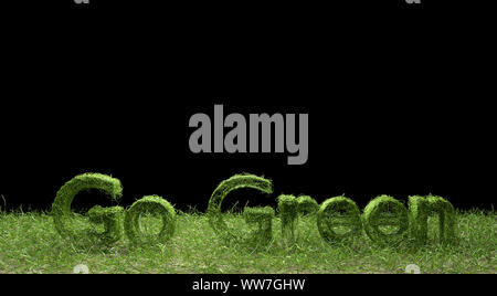 Go Green 3D-Wort mit grünem Gras auf schwarzem Hintergrund. 3D-Rendering. Stockfoto