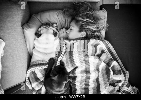 Eine Frau mit langen, lockigen Haar schlafen in eine Wolldecke mit zwei Mops hunde Stockfoto