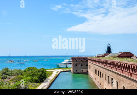 Blick von Fort Jefferson Dach mit Ziegeln, Wasser, Segelboote und Leuchtturm in Dry Tortugas National Park, historische Militärgelände, Florida. Stockfoto