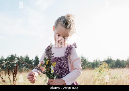 Junge Mädchen Wildblumen pflücken auf einer Wiese bei Sonnenuntergang im Sommer Stockfoto