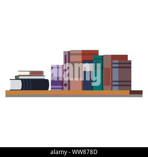 Zeile und Stapel von verschiedenen bunten Bücher auf Holzregal auf weißem Hintergrund. Stock Vektor