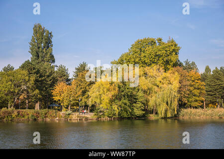 Menschen auf einer Parkbank im herbstlichen Water Park, 21. Bezirk, Wien, Floridsdorf, Österreich Stockfoto