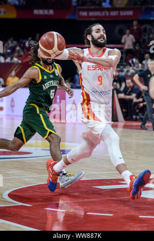 Ricky Rubio (Spanien) gegen Australien. FIBA Basketball Wm China 2019, Halbfinale Stockfoto