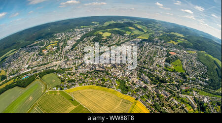 Luftaufnahme, Meschede als Fish-eye Bild aus dem Süden, Meschede, Sauerland, Nordrhein-Westfalen, Deutschland Stockfoto