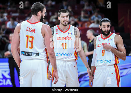 Marc Gasol, Willy Hernangomez und Ricky Rubio (Spanien) gegen Australien. FIBA Basketball Wm China 2019, Halbfinale Stockfoto