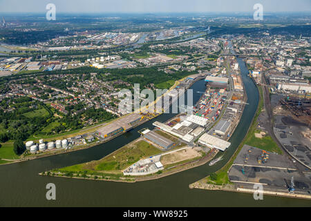 Luftaufnahme, Rheinhafen Neuenkamp,   Binnenhafen mit Eingang zum Inneren Hafen, Rhenus Port Logistics Rhein-Ruhr GmbH, DCP Dettmer Container Packing GmbH & Co.KG, Duisburg, Ruhrgebiet, Nordrhein-Westfalen, Deutschland Stockfoto