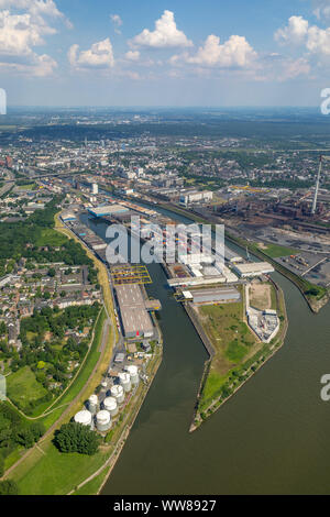 Luftaufnahme, Rheinhafen Neuenkamp,   Binnenhafen mit Eingang zum Inneren Hafen, Rhenus Port Logistics Rhein-Ruhr GmbH, DCP Dettmer Container Packing GmbH & Co.KG, Duisburg, Ruhrgebiet, Nordrhein-Westfalen, Deutschland Stockfoto