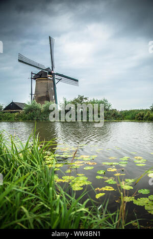 Blick auf traditionelle holländische Windmühle und Landschaft von Kinderdijk Niederlande gesehen Stockfoto