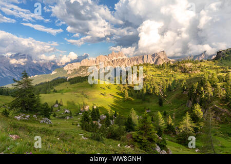 Croda da Lago und Lastoni di Formin mit grünen Weiden neben den Cinque Torri, Dolomiten, Cortina d Ampezzo, Belluno, Venetien, Italien Stockfoto