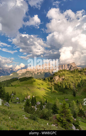 Croda da Lago und Lastoni di Formin mit grünen Weiden neben den Cinque Torri, Dolomiten, Cortina d Ampezzo, Belluno, Venetien, Italien Stockfoto