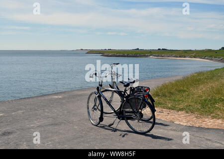 Zwei Fahrräder parkten auf einem gepflasterten Weg an der Küste Der Insel Texel mit der Nordsee vor Der Fahrräder Stockfoto