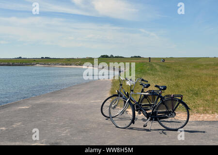 Zwei Fahrräder parkten auf einem gepflasterten Weg an der Küste Der Insel Texel mit der Nordsee vor Der Fahrräder Stockfoto